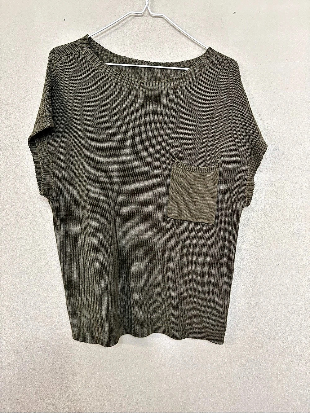 Short Sleeve Ribbed Knit Pocket Sweater Army Green Knit